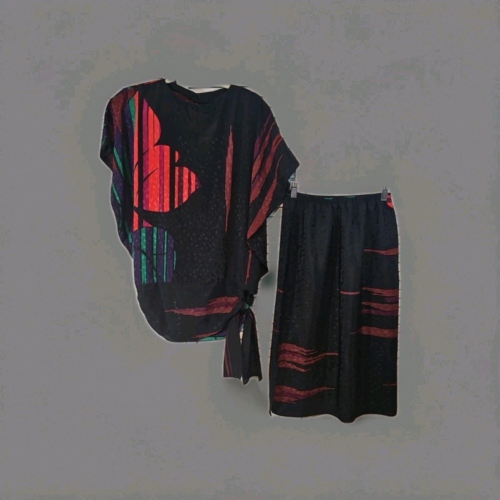 Caron Of Chicago Skirt Top Set Abstract Womens Sz6 Red Blk‎ Green VTG 80s Retro
